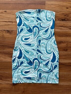(NWOT) Garage Blue Swirl Print Strapless Tube Dress Size Medium Y2K Retro Mini